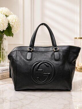 Authentic Gucci Soho Leather Tote Black Large GG Logo Shoulder Bag